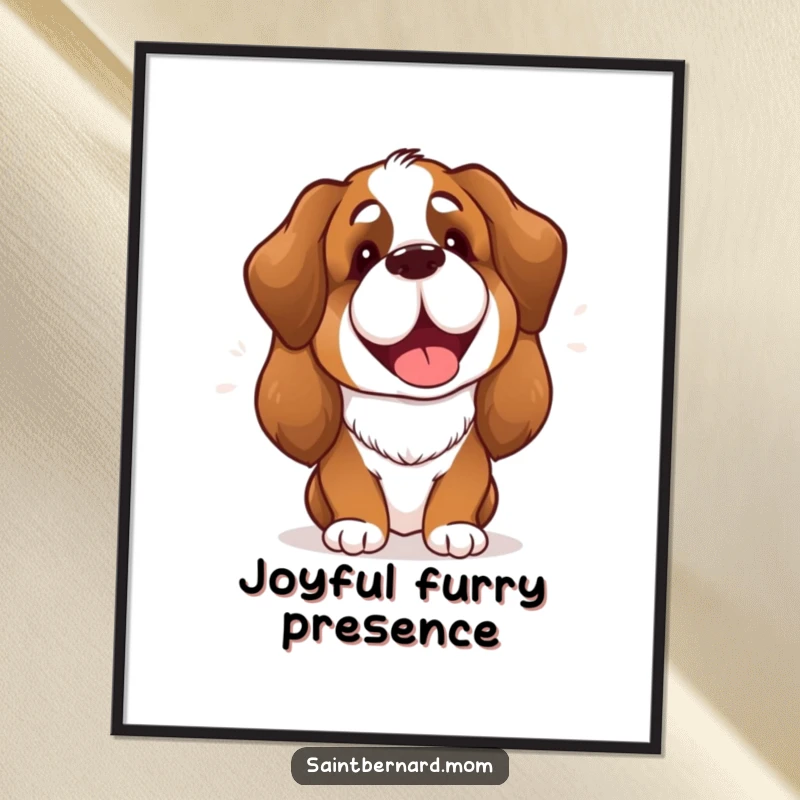 Funny Saint Bernard Lady Digital Art Print of a cheerful dog in full happy bark, capturing pure canine exuberance.