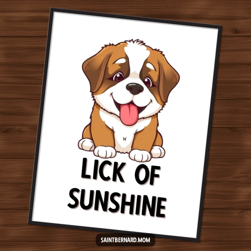 Funny Saint Bernard puppy digital art print, a smiling dog offering a big lick, radiating pure joy and affection, perfect for instant decor.