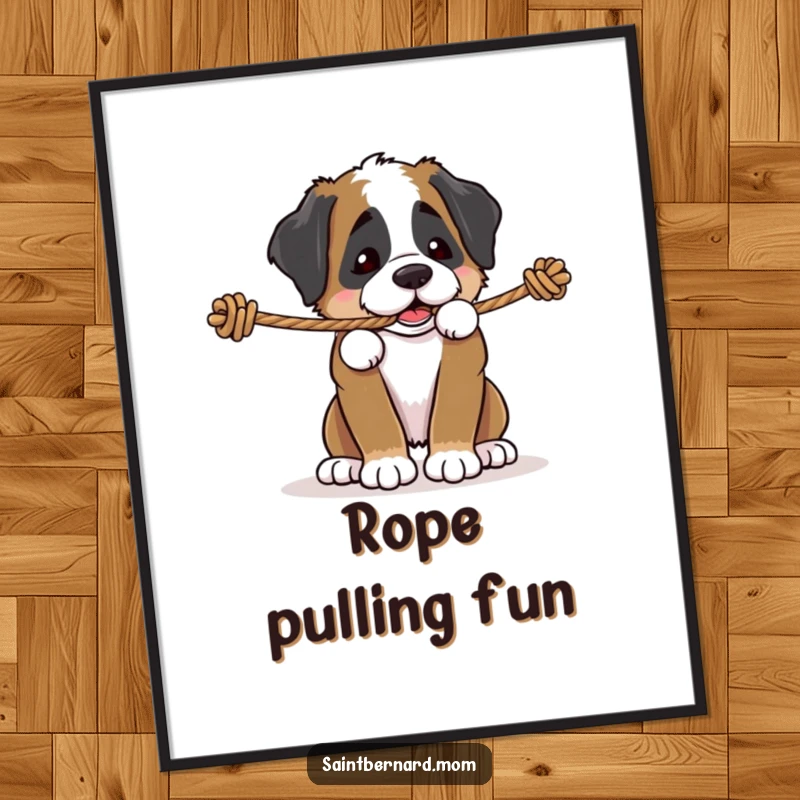 Funny Saint Bernard puppy digital art print, a dog playfully tugging on a sturdy rope, perfect for instant, energetic, and humorous decor.