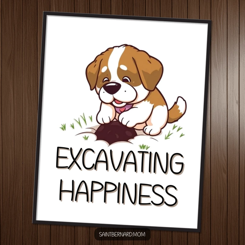Funny Saint Bernard Lady Digital Art, happily digging a small hole with pure delight, a high-resolution humorous illustration.