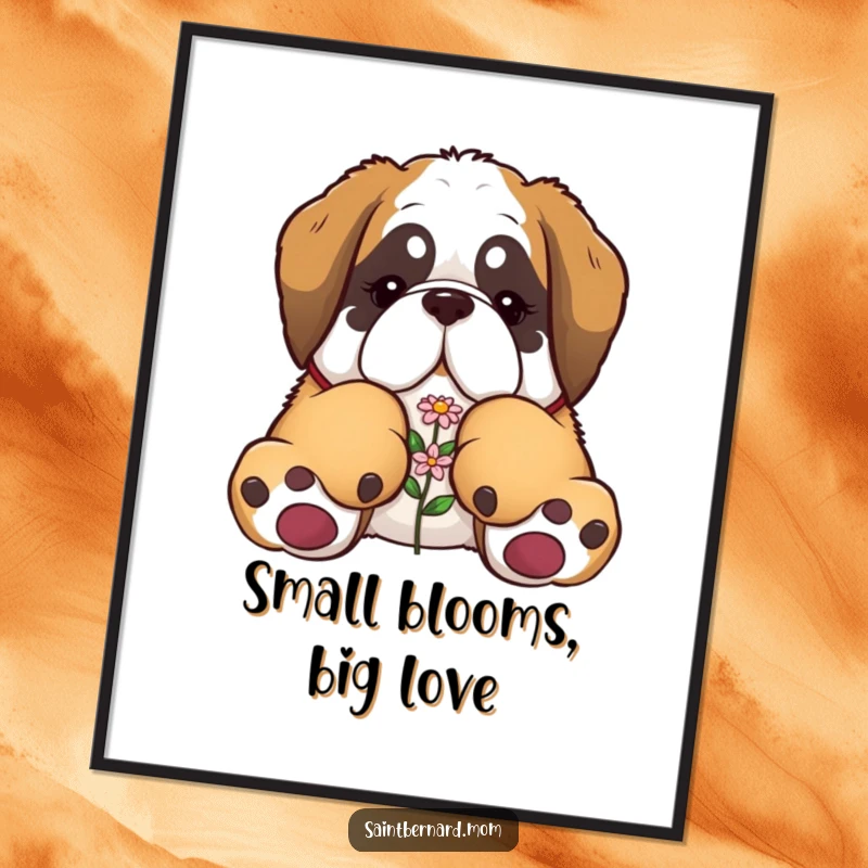 Funny Saint Bernard digital art print showing a dog with enormous paws gently carrying a small flower, a heartwarming scene.