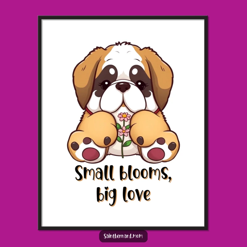 Funny Saint Bernard Digital Art - Giant Paws Carry Flower Print - Gift