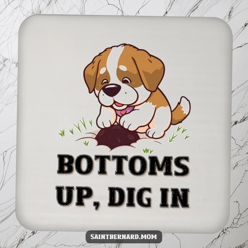 Funny Saint Bernard Lady Coaster, happily digging a small hole with joyful abandon, a humorous and protective table accessory.