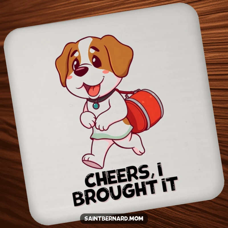 Funny Saint Bernard Lady Coaster showing a dog carrying a small red barrel, offering surface protection with a helpful presence.