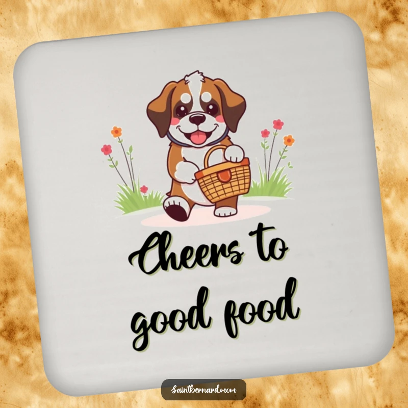 Funny kawaii Saint Bernard dog with a grin, carrying a tiny picnic basket, designed on protective drink coasters.