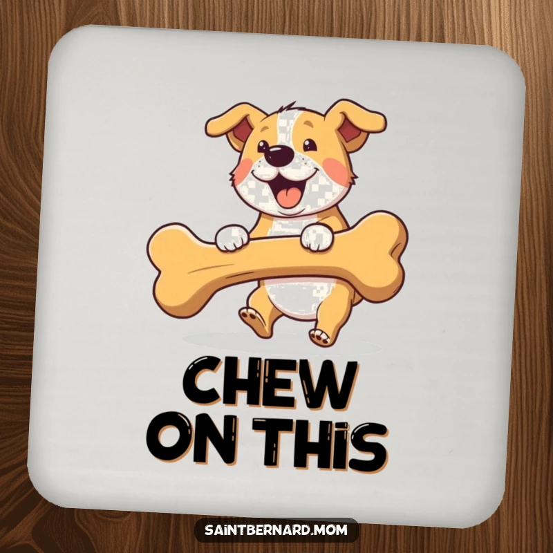 Funny fetching dog coasters, featuring a dog with a giant bone, symbolizing playfulness and protecting surfaces.