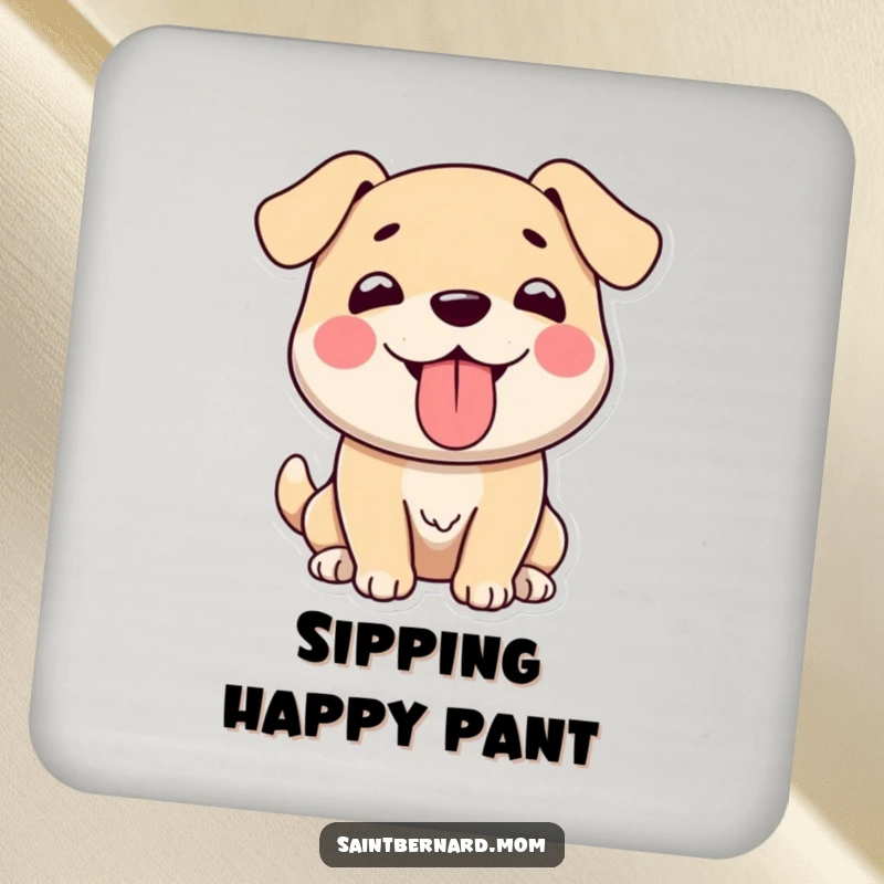 Funny drink coaster with a large, gentle dog character happily panting with its tongue out, protecting surfaces with happy charm.