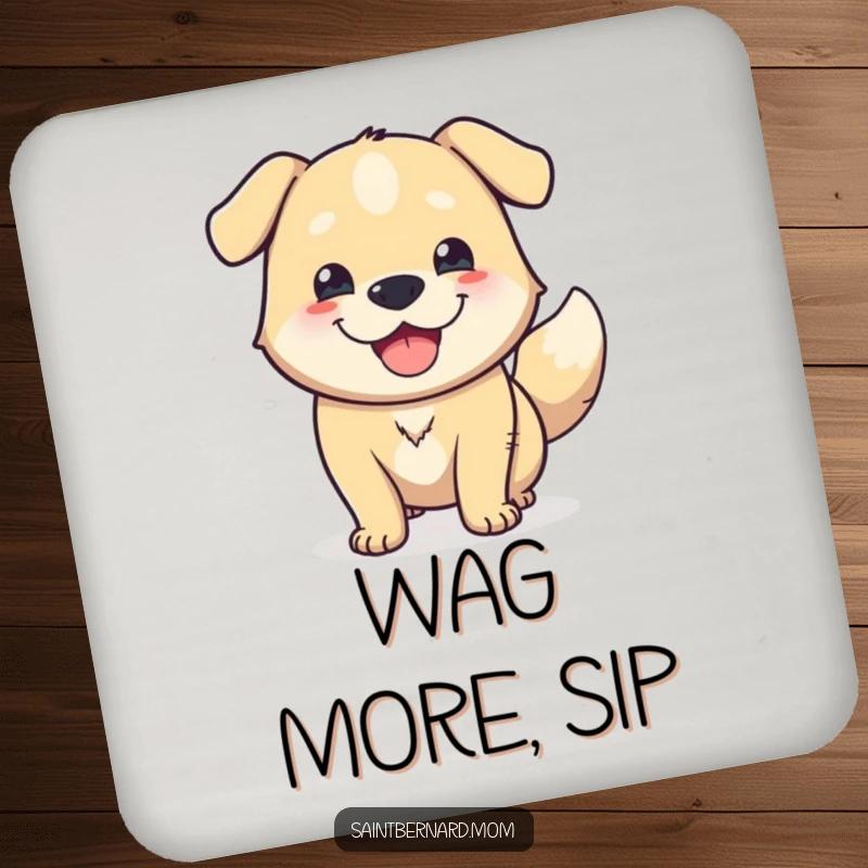Funny Drink Coaster: A massive dog with a friendly expression and a happy wagging tail, adding humor to beverage protection.