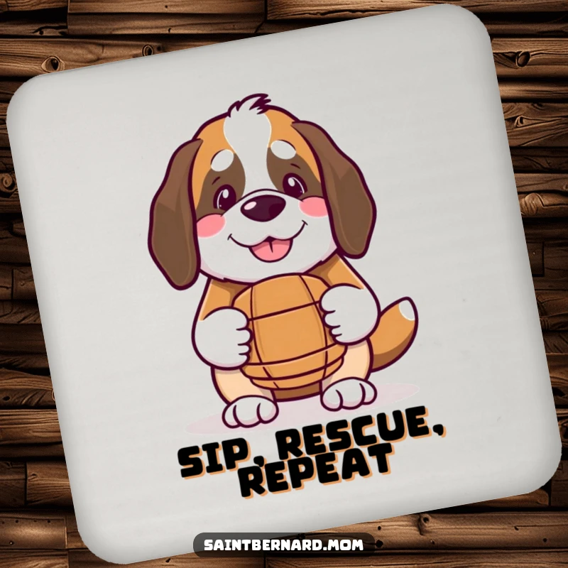 Funny Kawaii Saint Bernard coaster, a smiling dog holding a small barrel, protecting surfaces with charm.