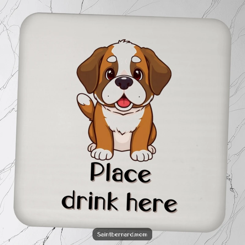 Funny Kawaii Saint Bernard coasters featuring a cute dog invitingly wagging its thick tail, protecting surfaces with a smile.