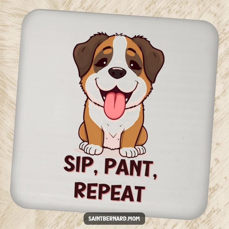 Funny Saint Bernard Lady Coaster, enthusiastically panting with pure joy, a humorous and practical accessory for tables.