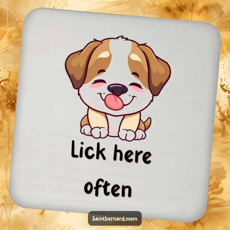 Funny Saint Bernard dog character offering a comforting lick on a protective drink coaster.