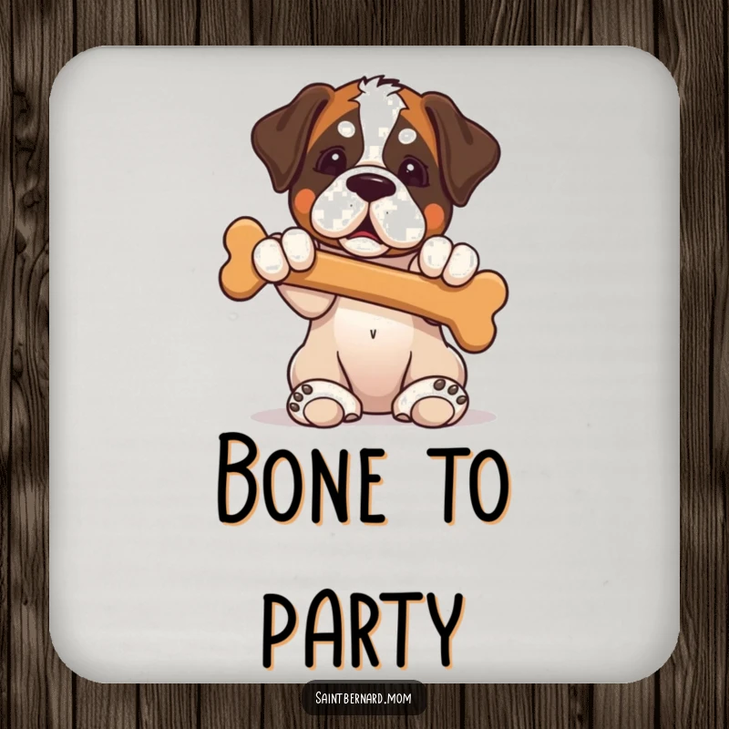 Funny Saint Bernard puppy coaster showing a dog sitting with paws up, offering a bone, perfect for tabletops.