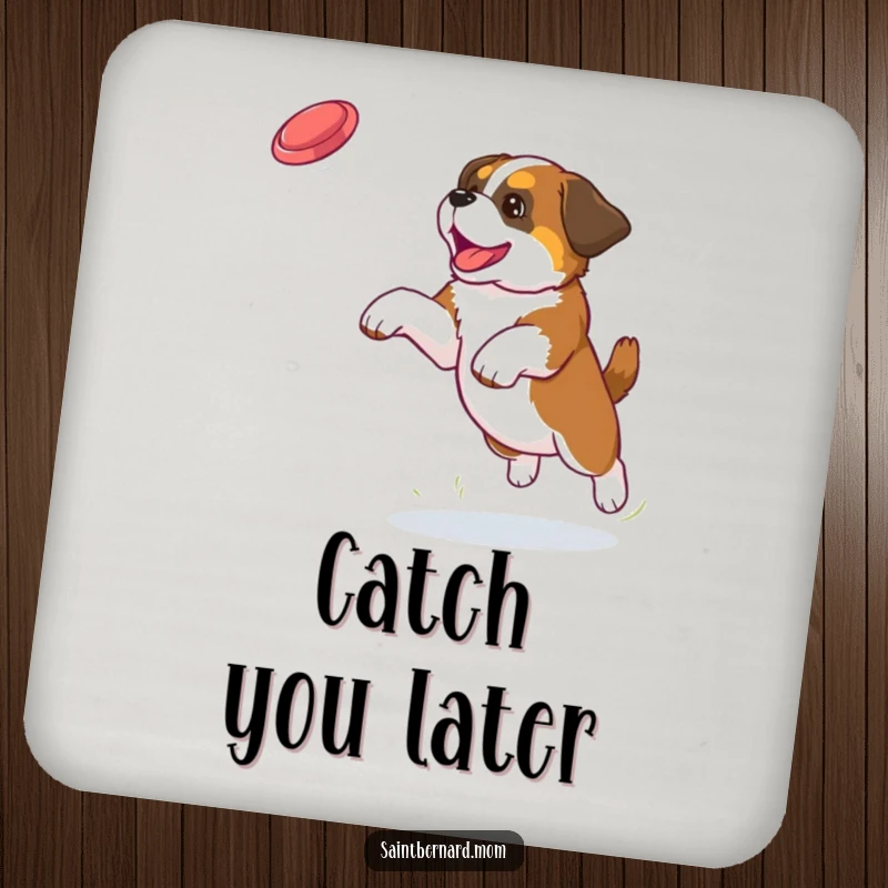 Funny Saint Bernard puppy coaster showing a dog leaping to catch a frisbee, protecting surfaces with canine charm.