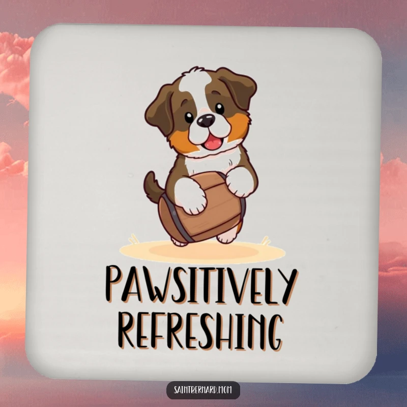 Funny Saint Bernard puppy coaster, a kawaii dog carrying a small barrel, protecting surfaces with adorable, humorous flair, perfect for gifting.