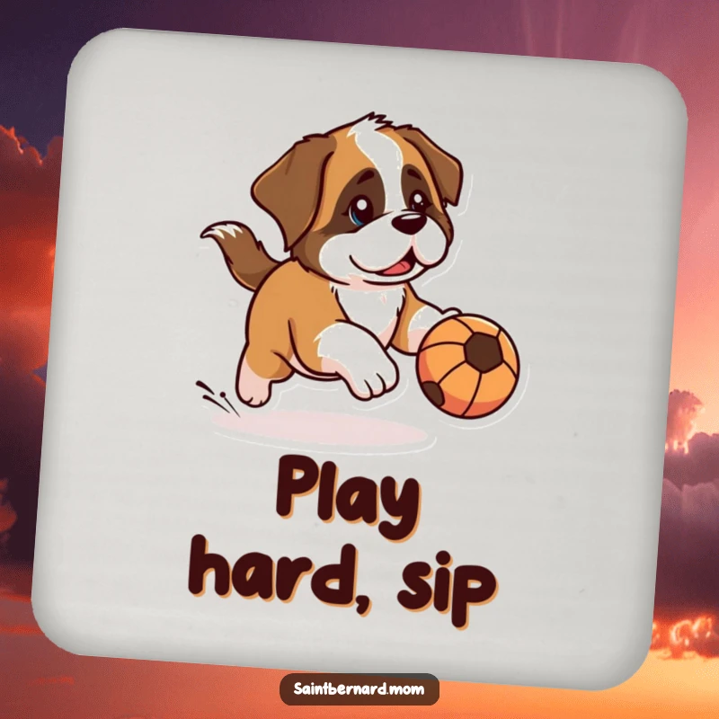 Funny Kawaii Saint Bernard drink coaster showing a dog with a determined look, chasing a rolling ball, protecting surfaces with playful humor.