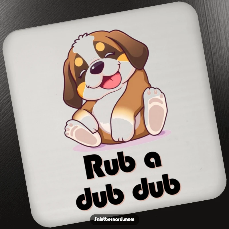 Funny Saint Bernard puppy coaster, a dog hilariously rolling on its back, inviting belly rubs, protecting surfaces with adorable, humorous charm.