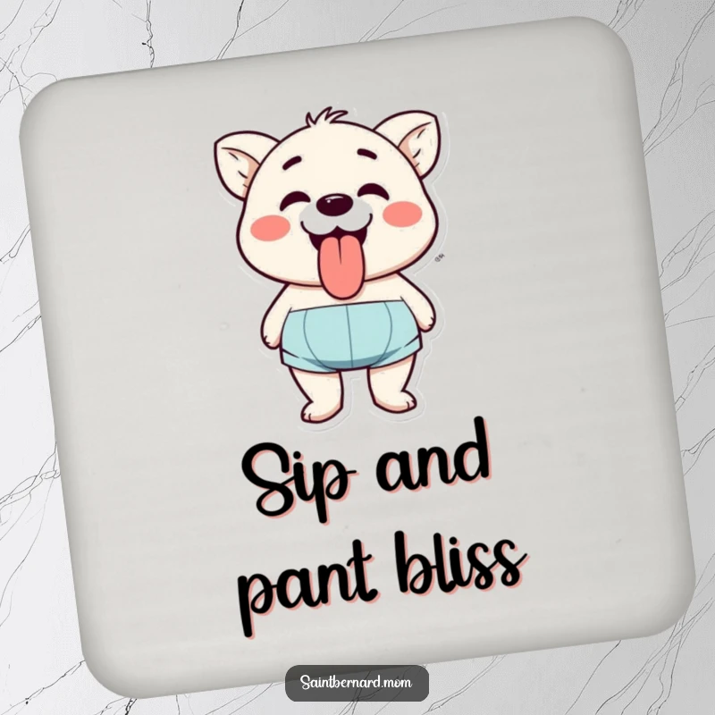 Funny drink coaster featuring a character’s happy pant with tongue lolling, adding a splash of joy and protecting surfaces.