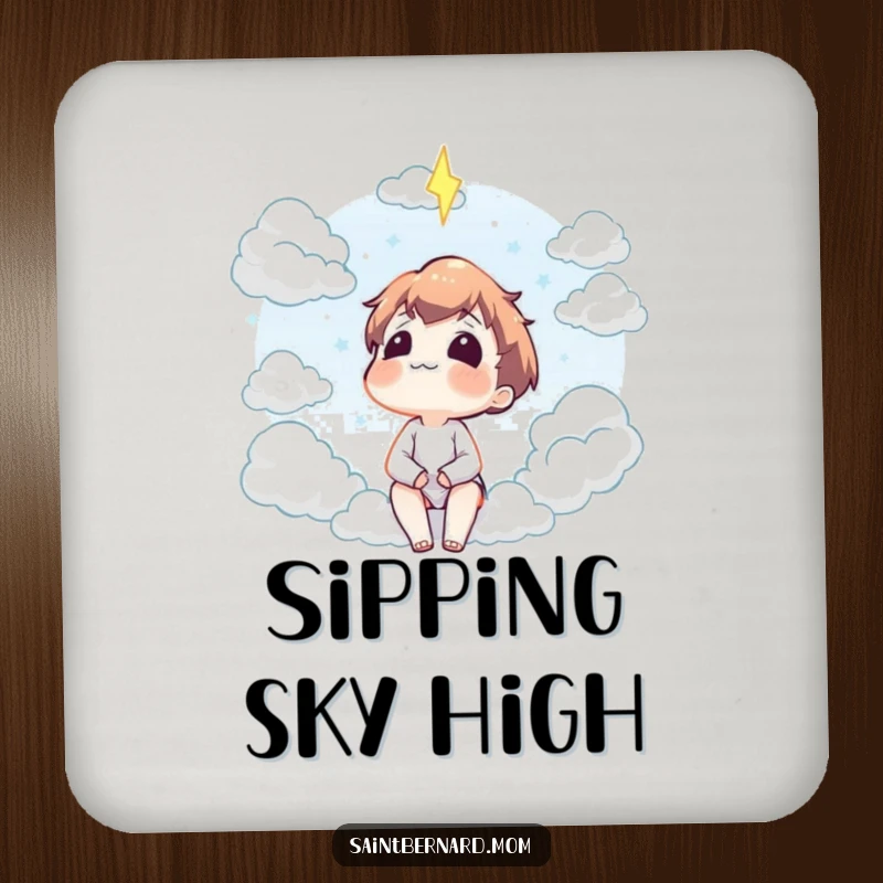 Funny drink coaster featuring a character gazing contentedly at fluffy clouds, adding a peaceful and protective element to any table.