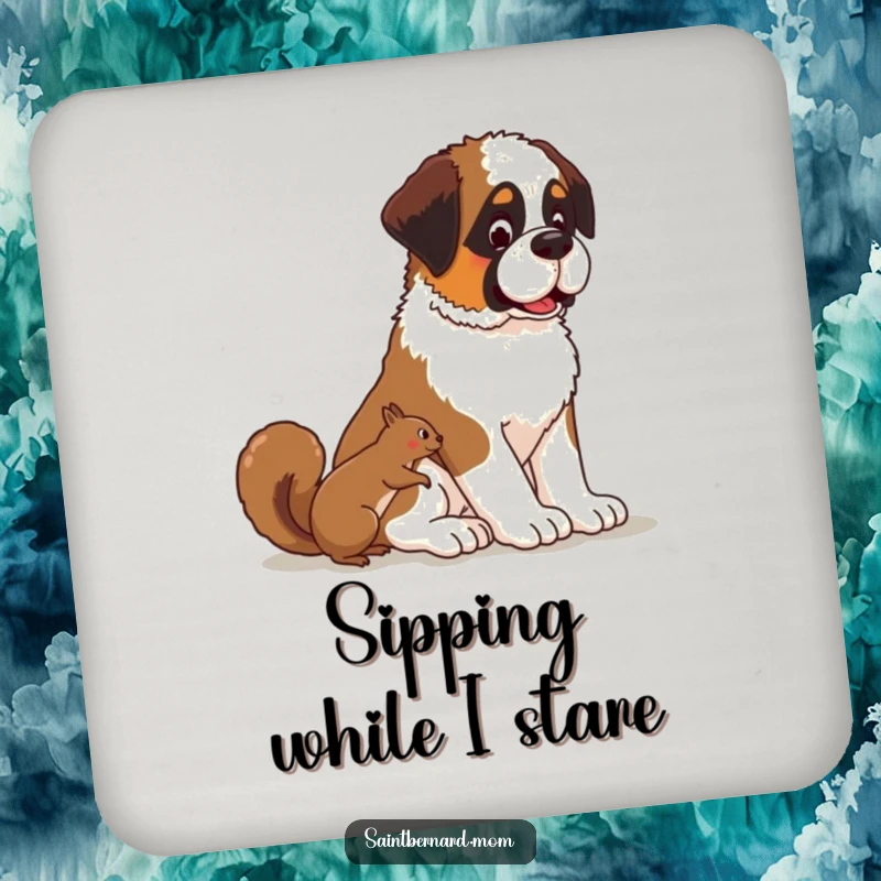 Funny Kawaii Saint Bernard dog coaster, cute pup patiently watching a squirrel, protecting surfaces with calm.