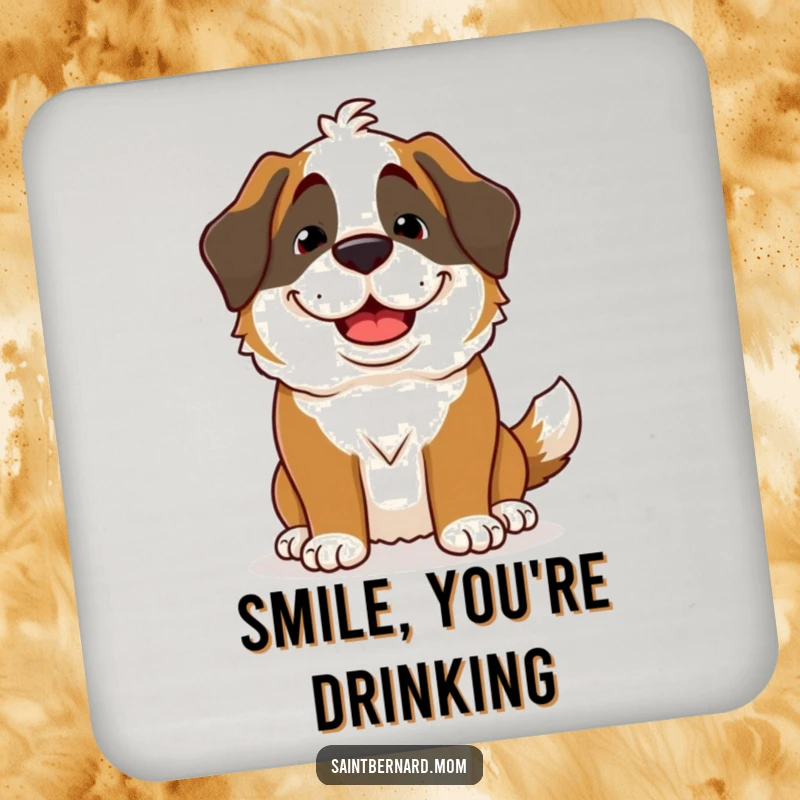 Funny Saint Bernard Lady Coaster showing a dog with a goofy grin and wagging tail, offering surface protection with cheerful charm.