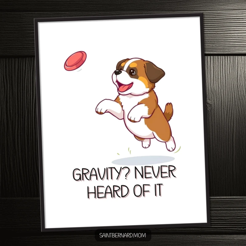 Funny Saint Bernard puppy poster capturing a dynamic leap as the dog attempts to catch a frisbee, full of playful spirit.