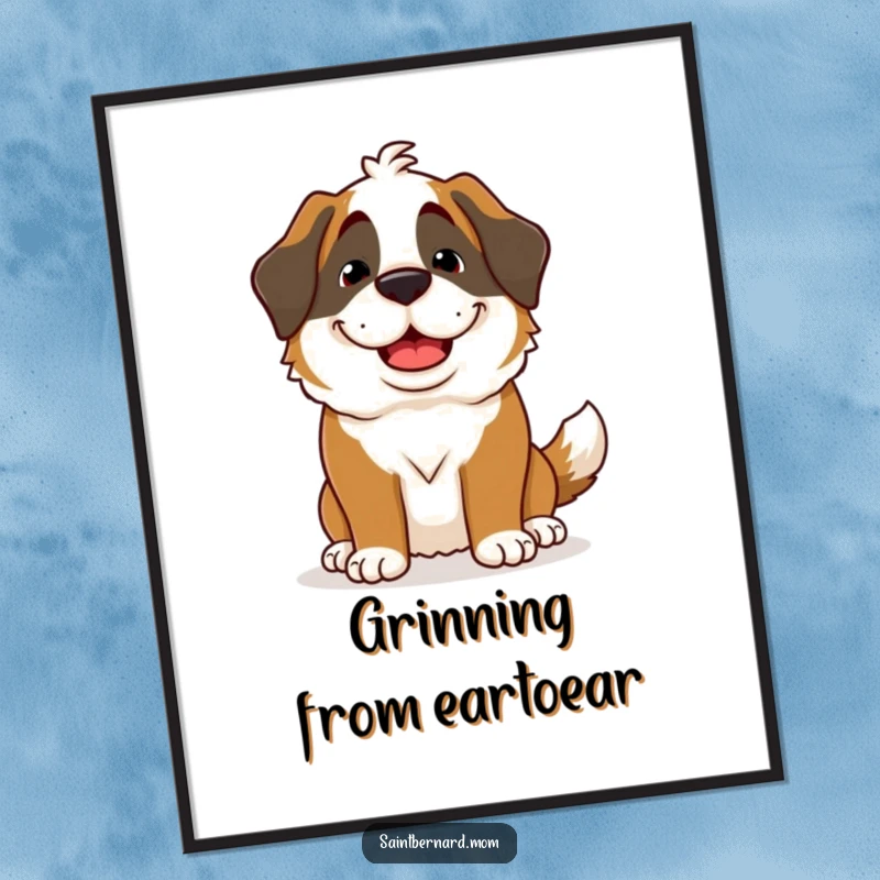 Funny Saint Bernard Lady Poster featuring a dog with a delightful goofy grin and a happily wagging tail, radiating joy.