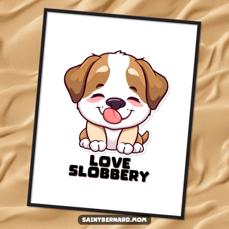 Funny Saint Bernard dog character happily offering a comforting lick on a heartwarming poster.