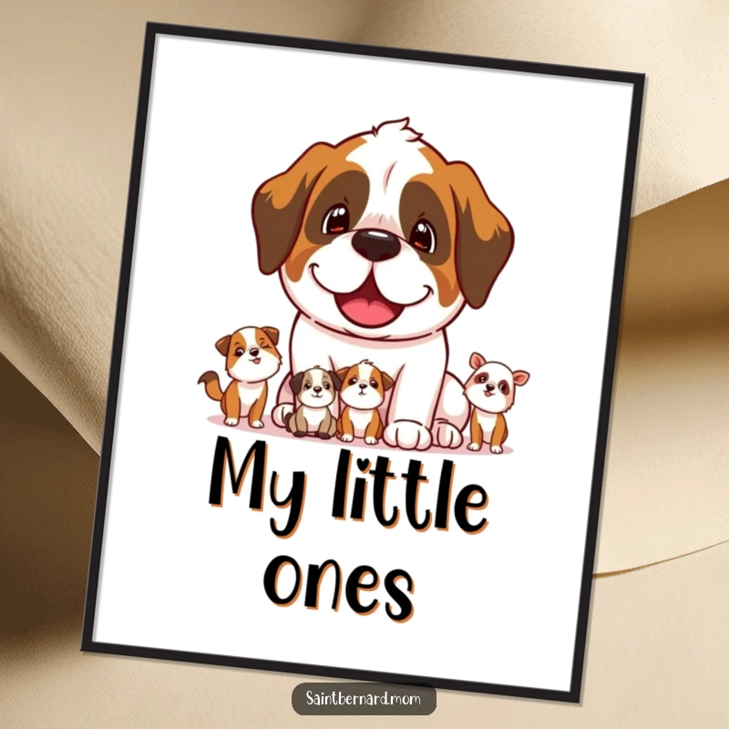 Funny Saint Bernard dog character joyfully and protectively watching over smaller animals on a poster.