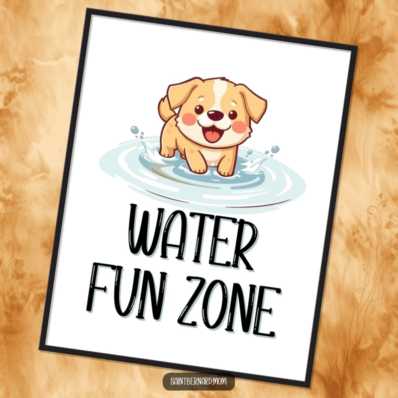 Funny splashing dog poster art, featuring an excited dog happily splashing in shallow water, full of joy.