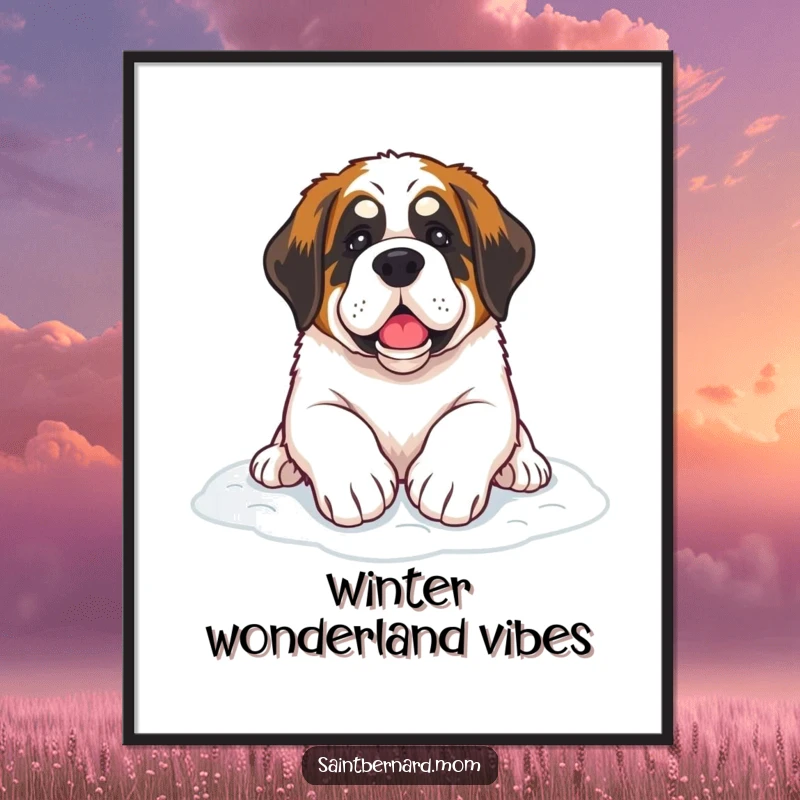 Funny Saint Bernard dog poster showing paws resting on soft snow, a charming and humorous winter artwork.