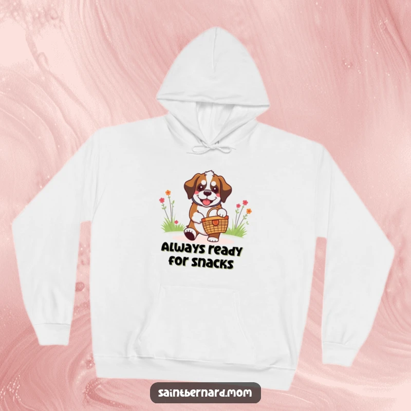 Funny kawaii Saint Bernard dog in a hoodie, with a happy grin, carrying a tiny picnic basket, ideal for cozy days.