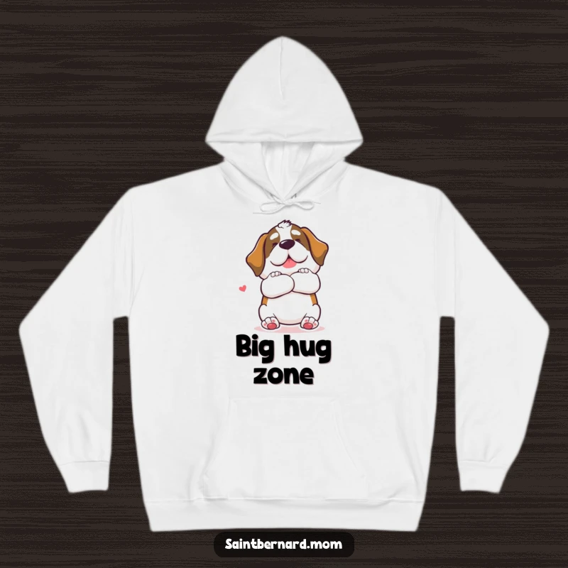 Funny Saint Bernard dog hoodie offering a giant, loving hug gesture, providing cozy and humorous comfort.