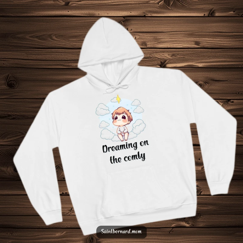 Funny hoodie featuring a character gazing upwards with a look of absolute contentment at a sky full of fluffy clouds.
