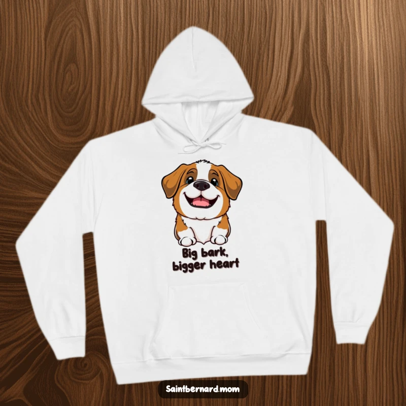 Funny Kawaii Saint Bernard dog hoodie, cozy and warm with a happy barking pup, perfect for dog lovers.