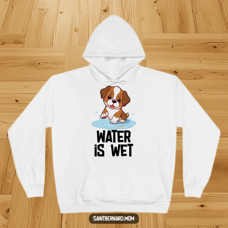 Funny Kawaii Saint Bernard hoodie with a cute dog playfully splashing in a small puddle, offering warmth and a splash of humor.