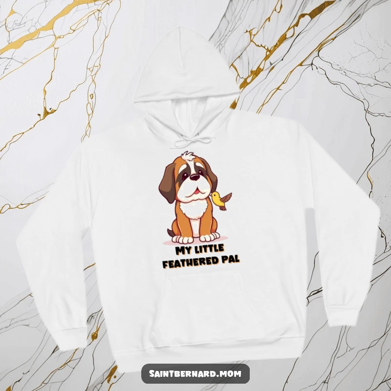 Funny Saint Bernard hoodie featuring a dog in a protective stance, looking fondly at a tiny bird, offering warmth.