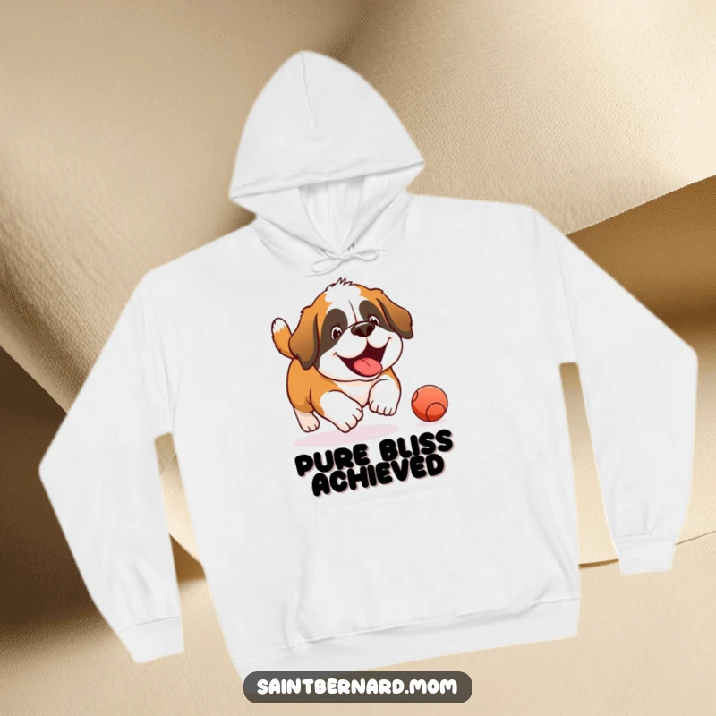 Funny Saint Bernard hoodie depicting a happy dog joyfully chasing a rolling ball with an expression of utter delight and playful energy.