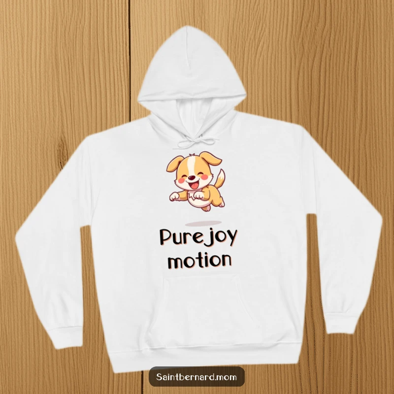 Funny hoodie featuring an energetic dog character joyfully bounding, tail held high and wagging, embodying pure, unadulterated happiness.