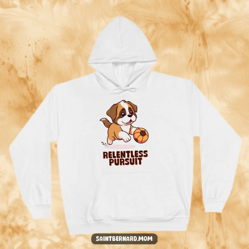 Funny Kawaii Saint Bernard hoodie depicting a dog with a determined look, chasing a rolling ball, offering cozy comfort and playful humor.