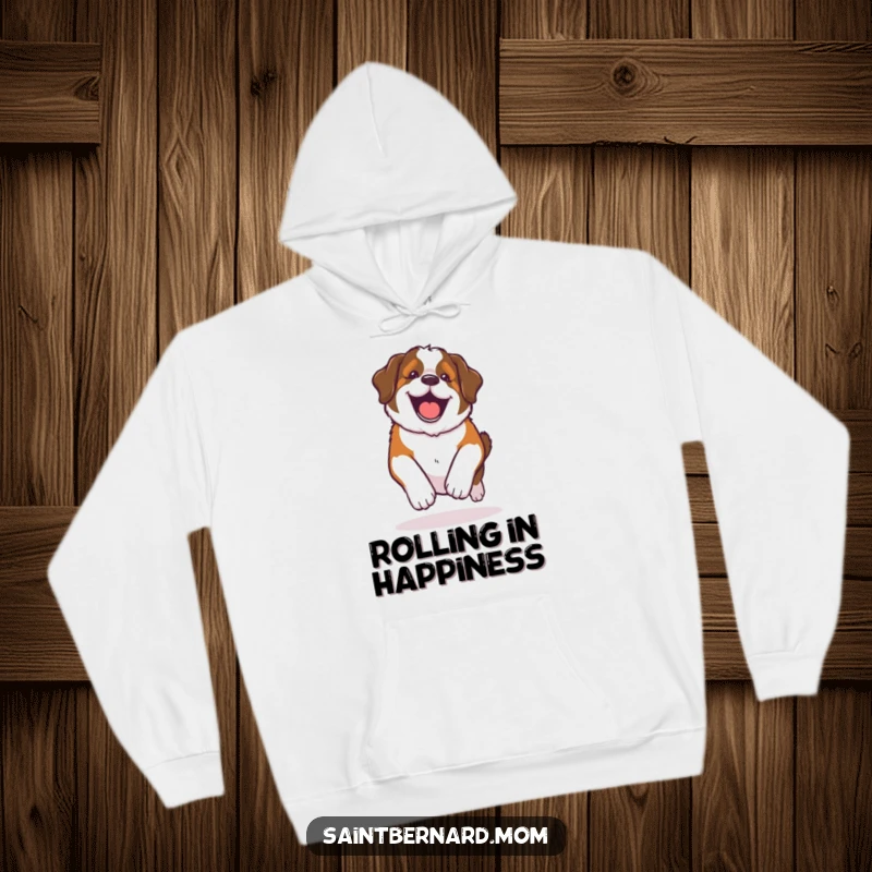 Funny Kawaii Saint Bernard hoodie, depicting a dog doing a happy, lumbering roll with infectious glee, perfect for cozy days.