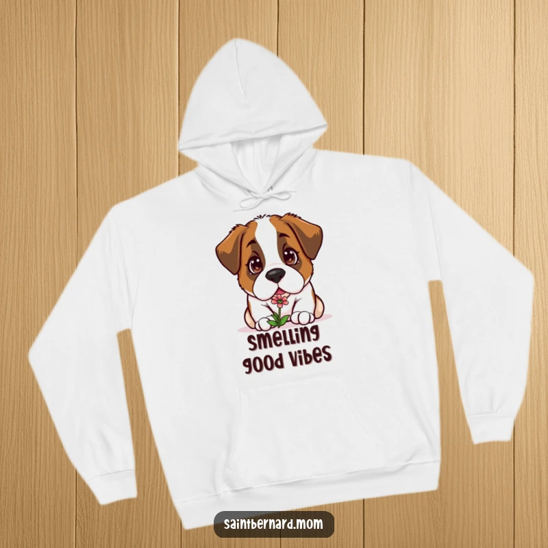 Funny Kawaii Saint Bernard hoodie, a curious dog sniffing a small flower, perfect for cozy moments and nature appreciation.