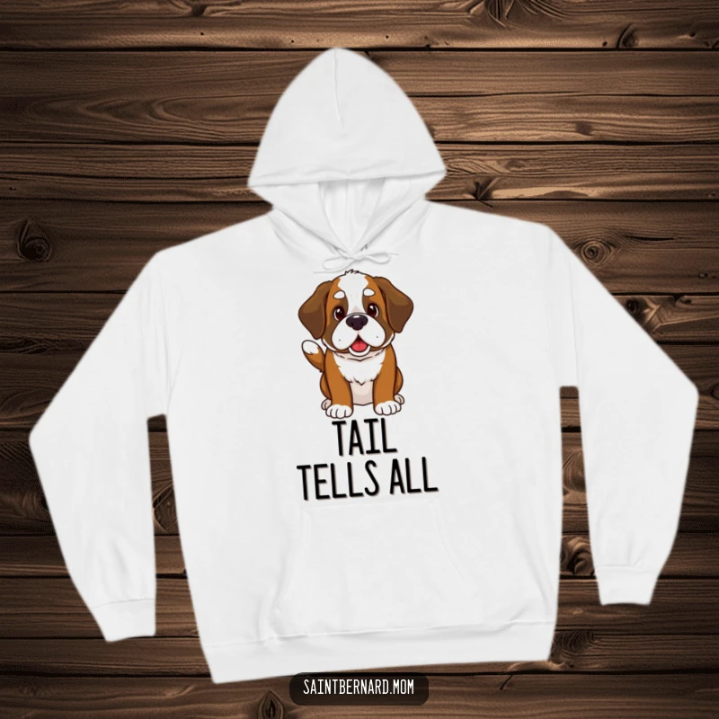 Funny Kawaii Saint Bernard hoodie displaying a cute dog invitingly wagging its thick tail, offering warmth and a cheerful vibe.