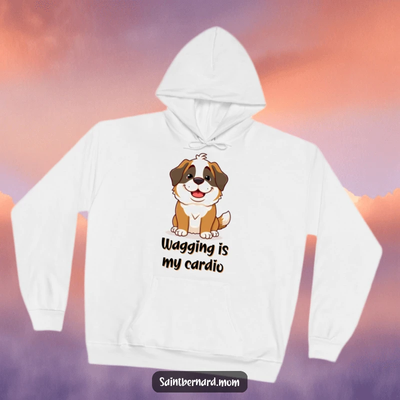 Funny Saint Bernard Lady Hoodie featuring a dog with a charmingly goofy grin and a happily wagging tail, radiating warmth.