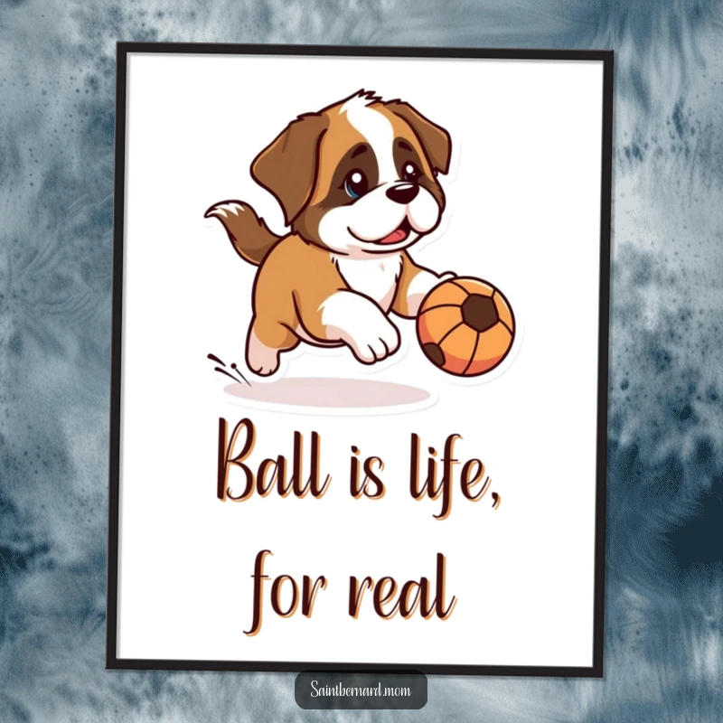 Free Printable Wall Art: Kawaii Saint Bernard with a determined look, mid-chase after a rolling ball, full of action.