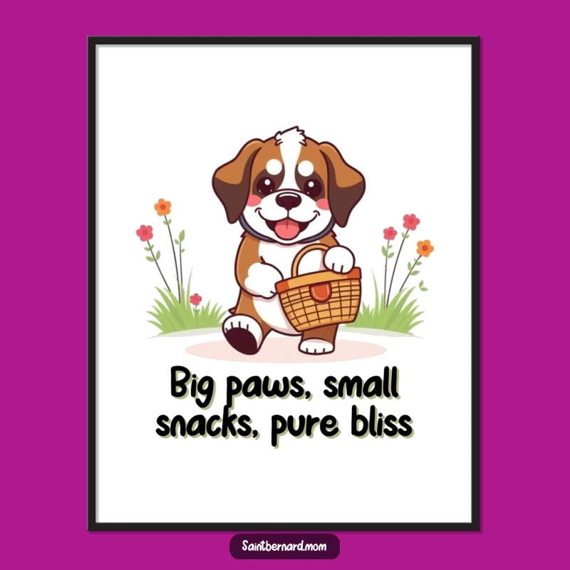 Free Printable Wall Art: Grinning Saint Bernard Picnic Pal, Cute Dog Decor, Funny Downloadable