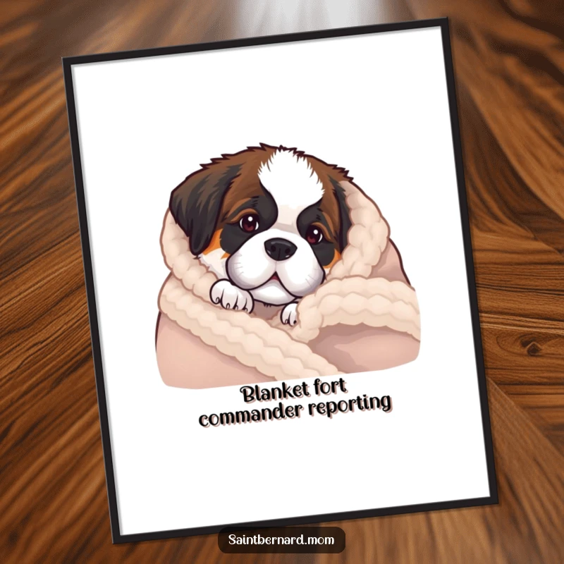 Funny Free Printable Wall Art: Saint Bernard puppy peeking playfully from behind a thick, cozy wool blanket, looking endearing.