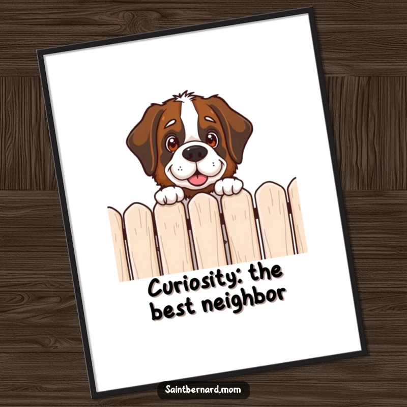 Funny Free Printable Saint Bernard Wall Art: A large, friendly Saint Bernard peeking curiously over a fence. A downloadable charming art piece.