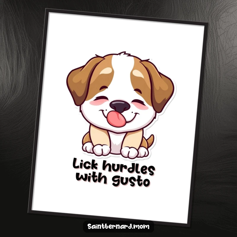 Funny Free Printable Saint Bernard Wall Art showing a happy dog offering a large, comforting lick, perfect for dog-themed decor.