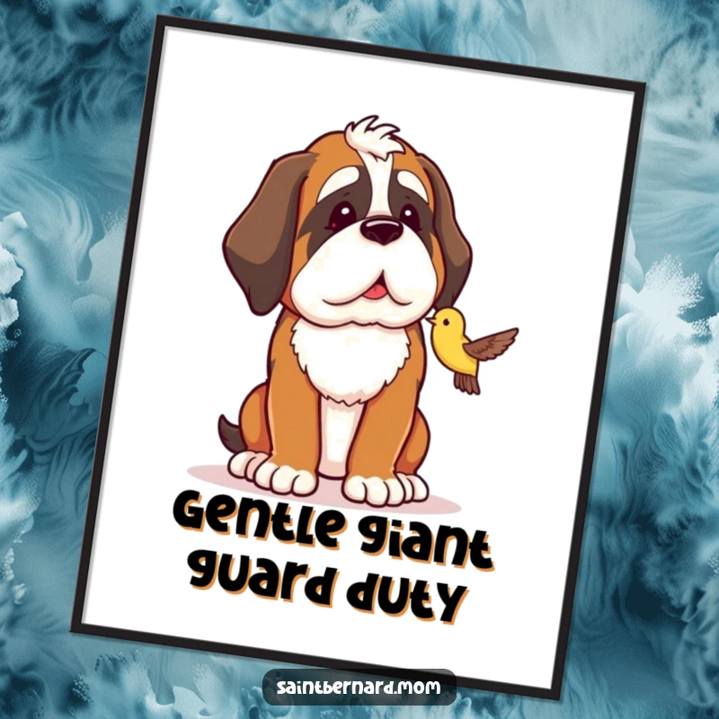 Funny Free Printable Wall Art: A Saint Bernard character standing protectively, looking fondly at a small, happy bird.